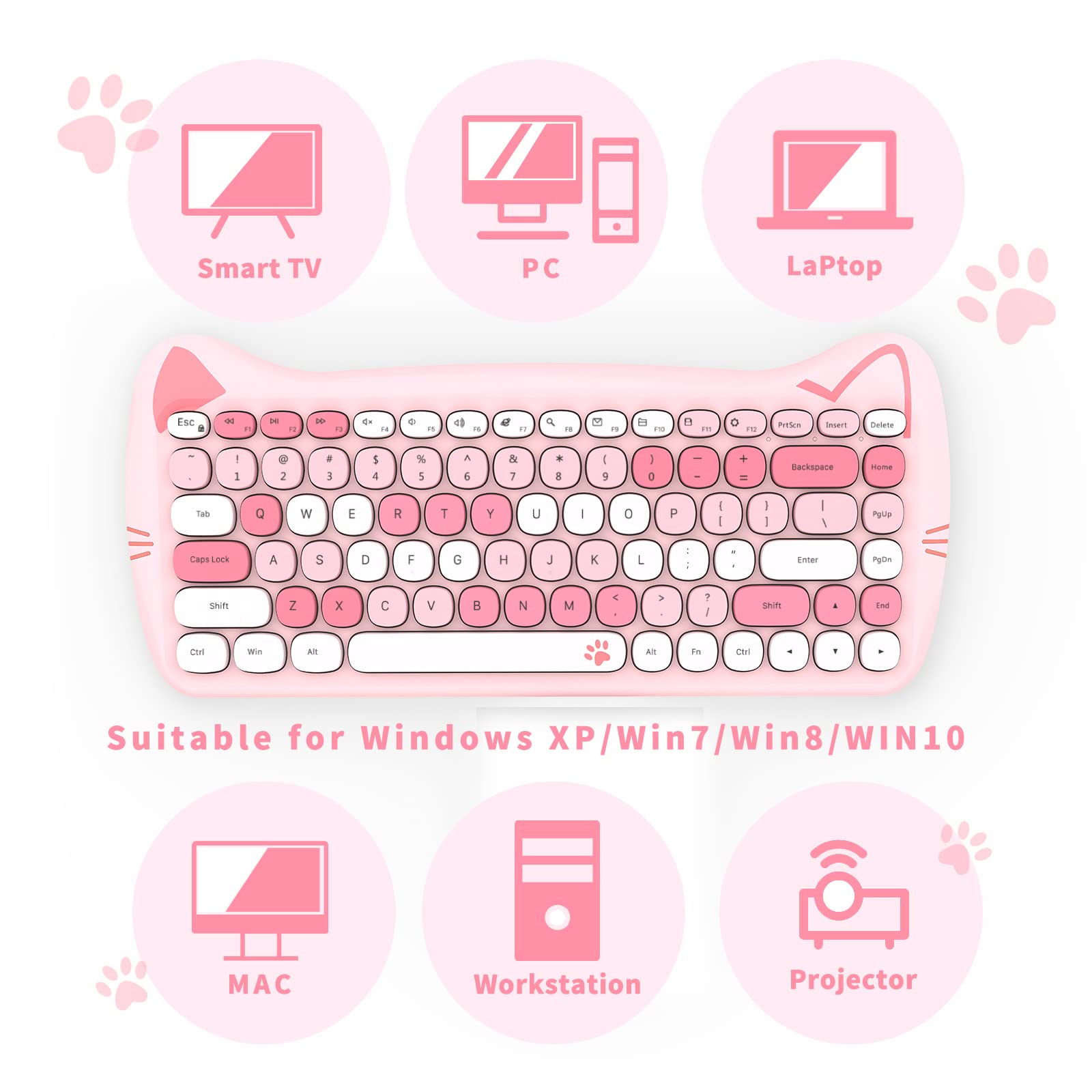 Cute Wireless Keyboard Mouse,GEEZER 2.4GHz Retro Quite Colorful Wireless Keypad Mouse, Compatible with Windows, Computer, PC, Desktop, Laptop (Pink)