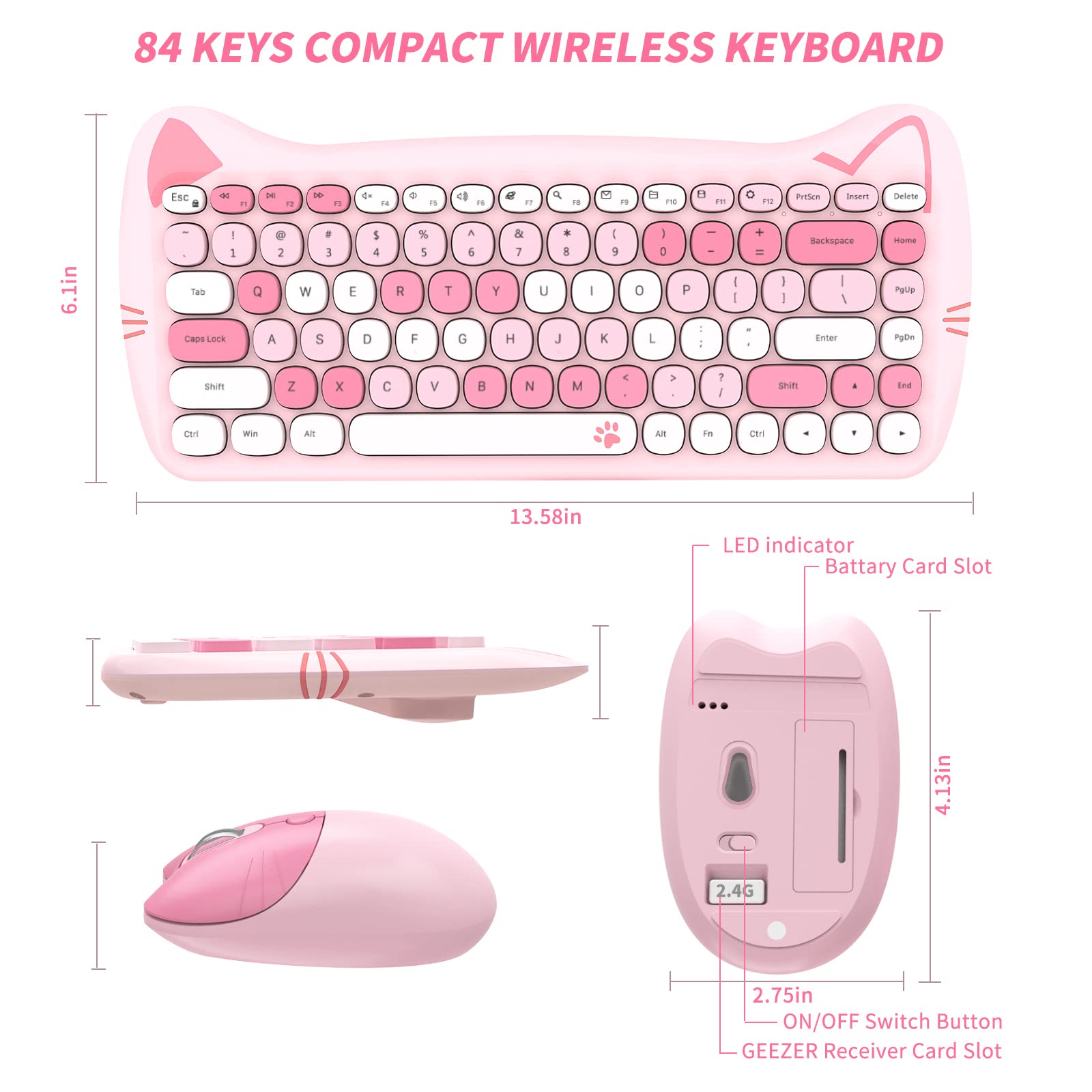 Cute Wireless Keyboard Mouse,GEEZER 2.4GHz Retro Quite Colorful Wireless Keypad Mouse, Compatible with Windows, Computer, PC, Desktop, Laptop (Pink)