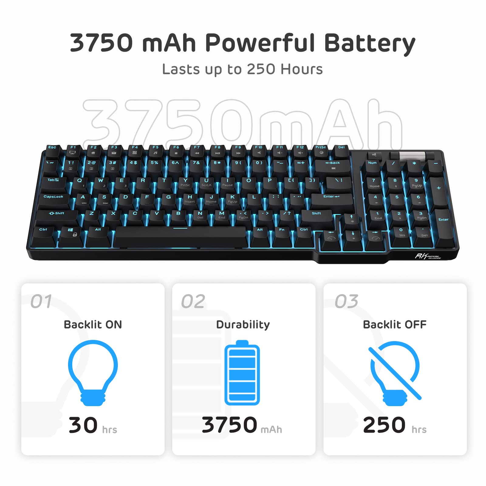 RK ROYAL KLUDGE RK96 90% Triple Mode BT5.0/2.4G/USB-C Hot Swappable Mechanical Keyboard with Magnetic Wrist Rest, 96 Keys Wireless Gaming Keyboard with Software, Blue Backlight