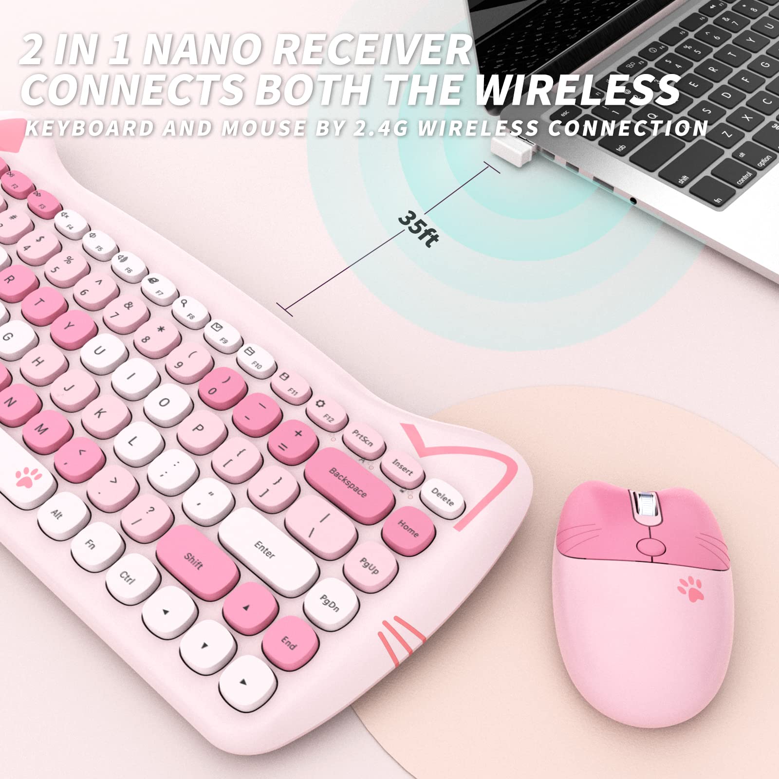 Cute Wireless Keyboard Mouse,GEEZER 2.4GHz Retro Quite Colorful Wireless Keypad Mouse, Compatible with Windows, Computer, PC, Desktop, Laptop (Pink)