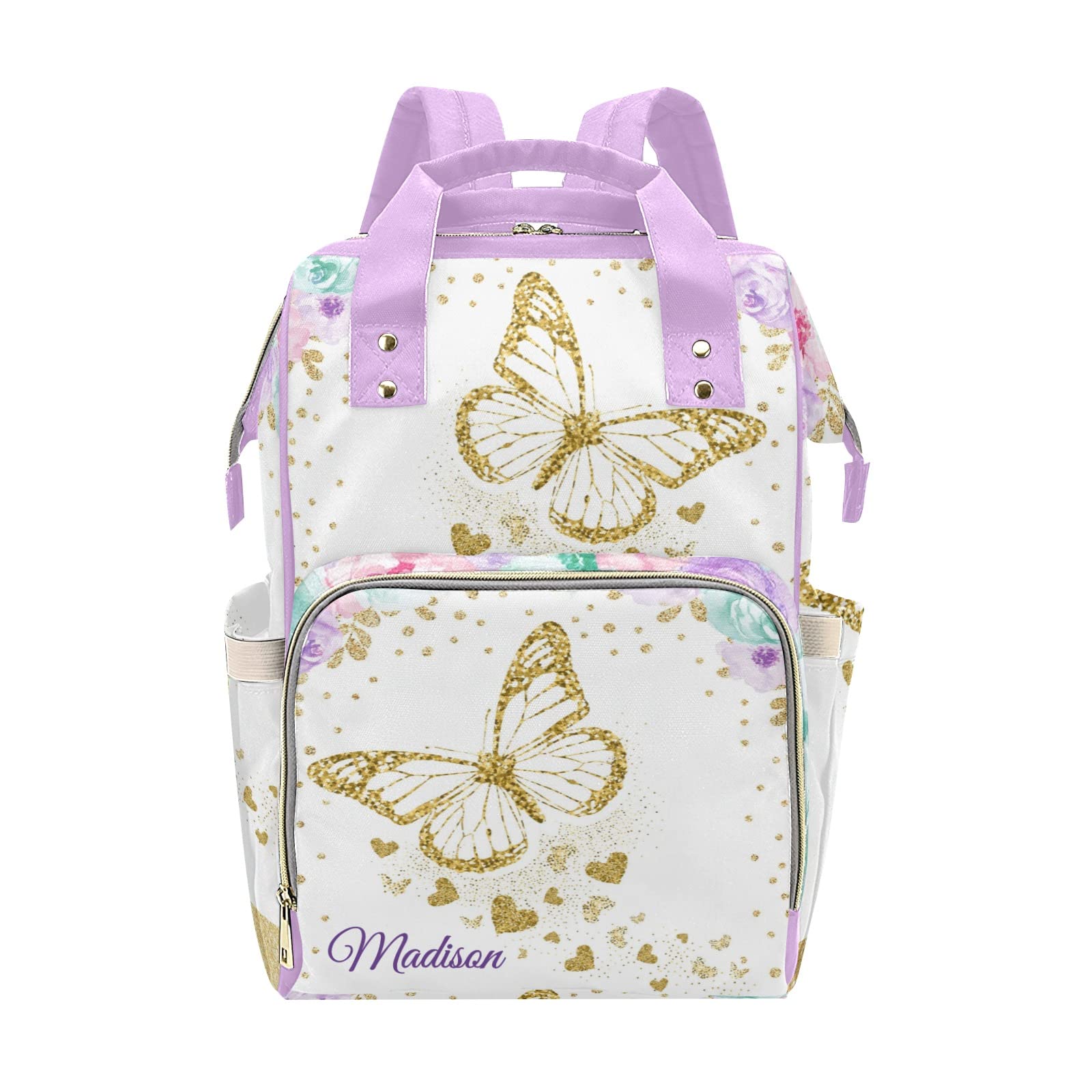 Gold Butterfly Pink Purple Rose Personalized Diaper Backpack with Name,Custom Travel DayPack for Nappy Mommy Nursing Baby Bag One Size