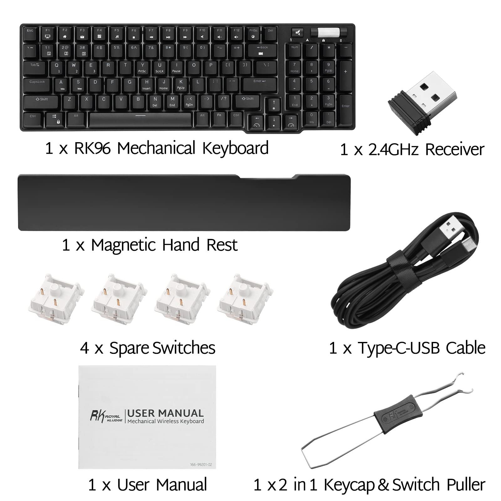 RK ROYAL KLUDGE RK96 90% Triple Mode BT5.0/2.4G/USB-C Hot Swappable Mechanical Keyboard with Magnetic Wrist Rest, 96 Keys Wireless Gaming Keyboard with Software, Blue Backlight