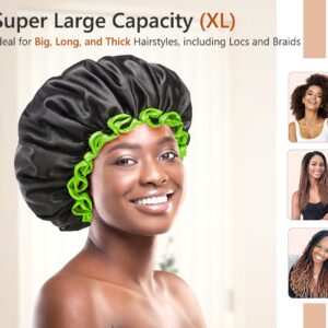 mikimini Extra Large Black Shower Cap for Women and Men Thick Long Hair Braids, Reusable Waterproof Double Layers XL Bathing Hair Caps with Vibrant Green Edge (Black)