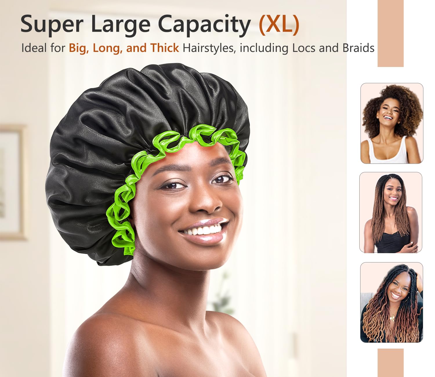 mikimini Extra Large Black Shower Cap for Women and Men Thick Long Hair Braids, Reusable Waterproof Double Layers XL Bathing Hair Caps with Vibrant Green Edge (Black)