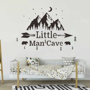 Little Man Cave Mountains Vinyl Decals, Landscape with Animals Stickers, Mountain Moon Stars Decal for Nursery Room,Kids Décor A9 (Black)