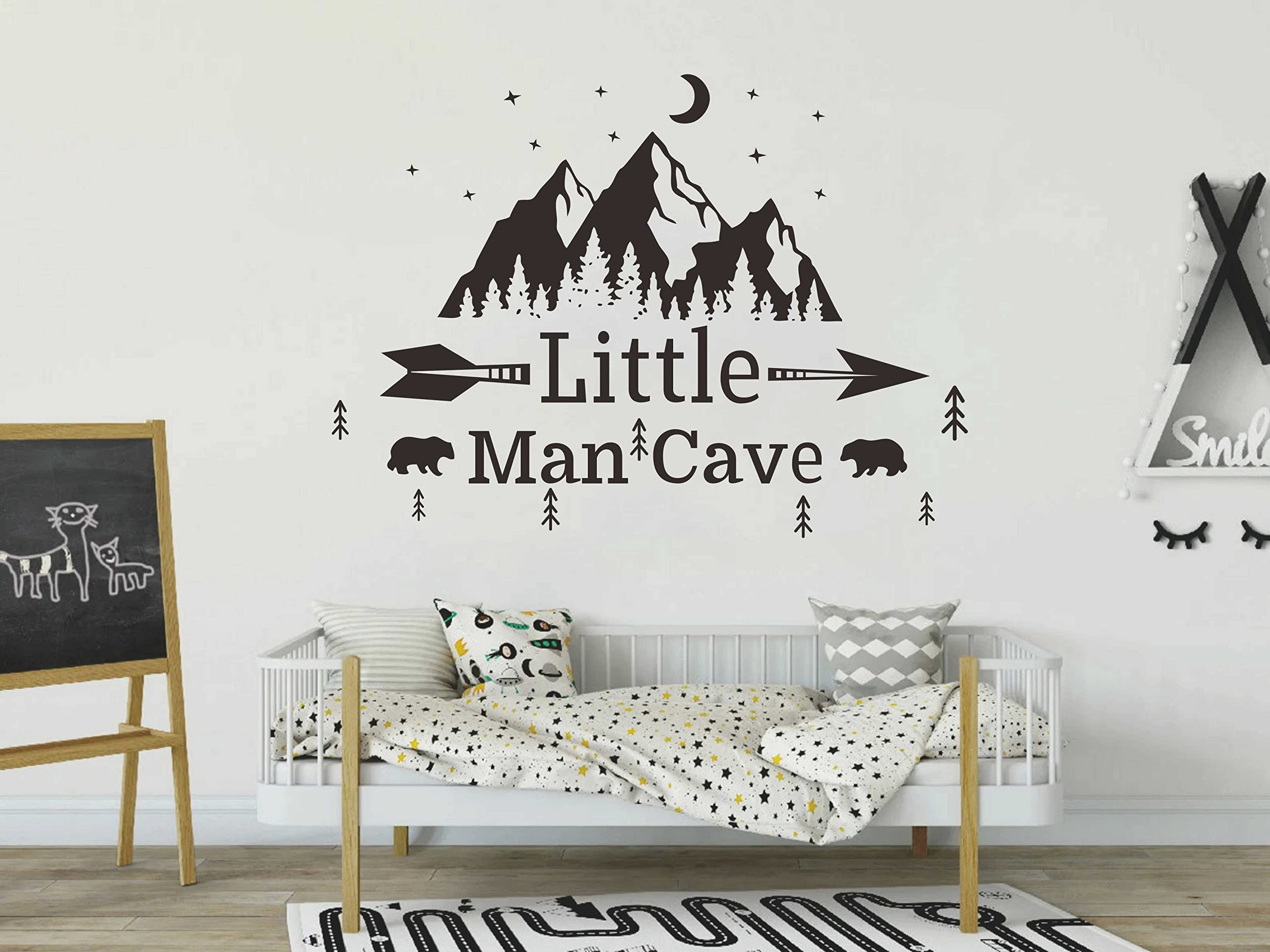 Little Man Cave Mountains Vinyl Decals, Landscape with Animals Stickers, Mountain Moon Stars Decal for Nursery Room,Kids Décor A9 (Black)