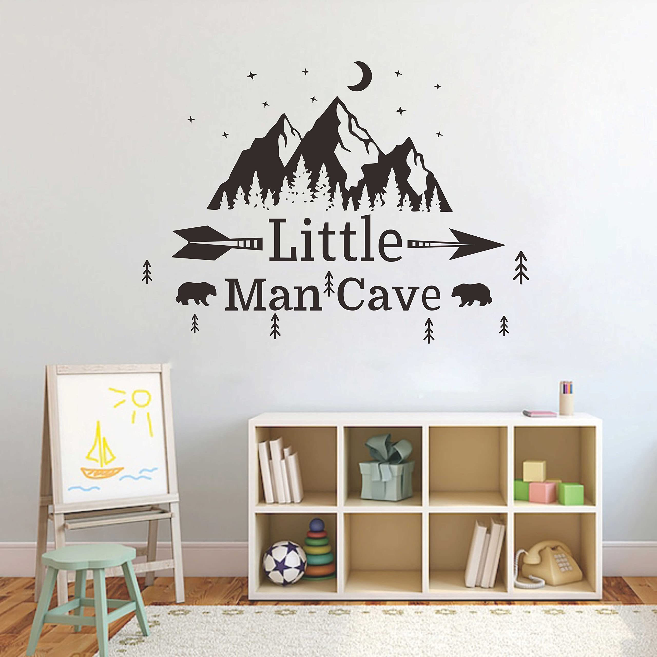 Little Man Cave Mountains Vinyl Decals, Landscape with Animals Stickers, Mountain Moon Stars Decal for Nursery Room,Kids Décor A9 (Black)