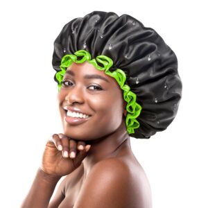 mikimini extra large black shower cap for women and men thick long hair braids, reusable waterproof double layers xl bathing hair caps with vibrant green edge (black)