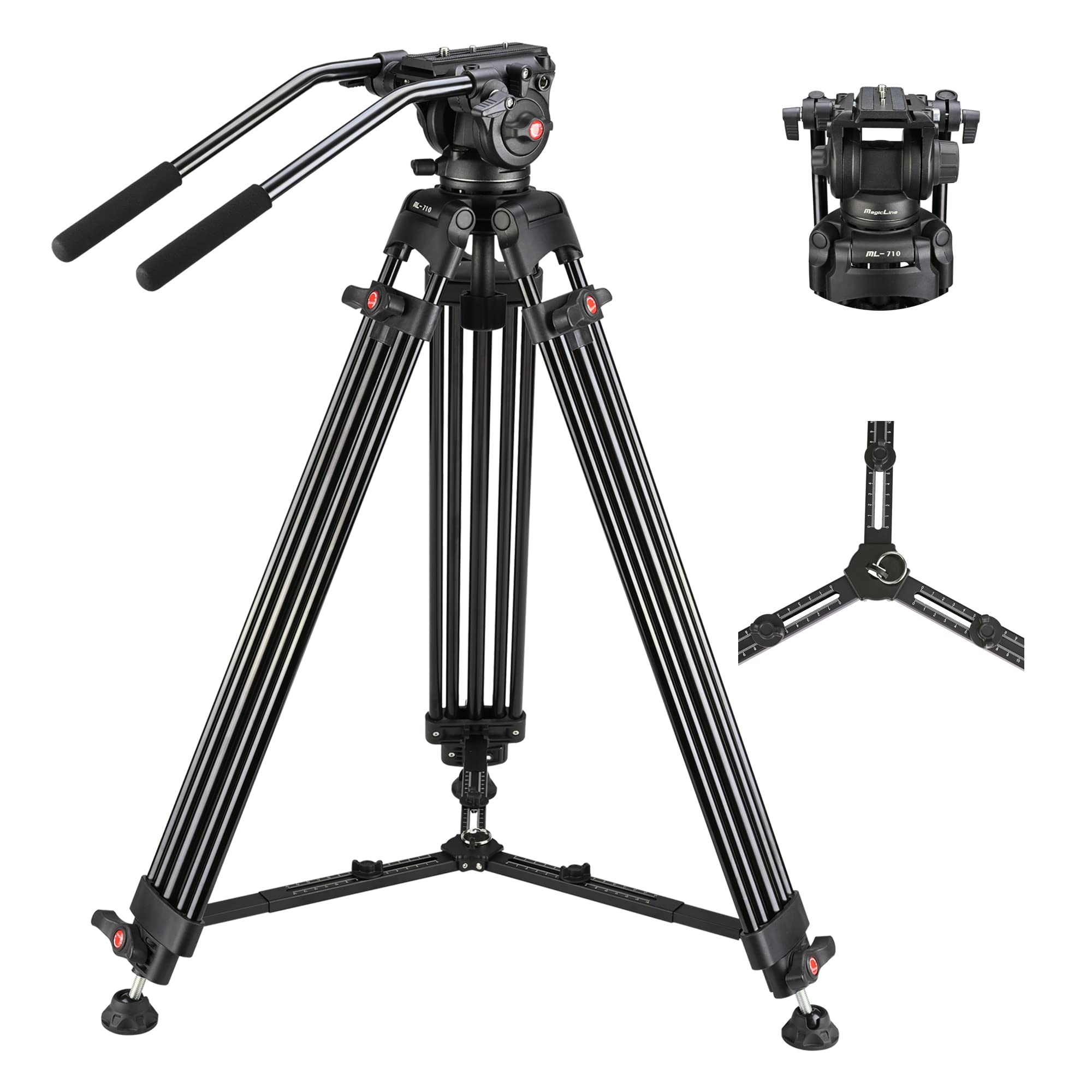 MagicLine 70.9 inch Heavy Duty Aluminum Video Camera Tripod with Fluid Head, 2 Pan Bar Handles,Extendable Mid-Level Spreader, Max Load 22 LB for Canon Nikon Sony DSLR Camcorder Cameras Black