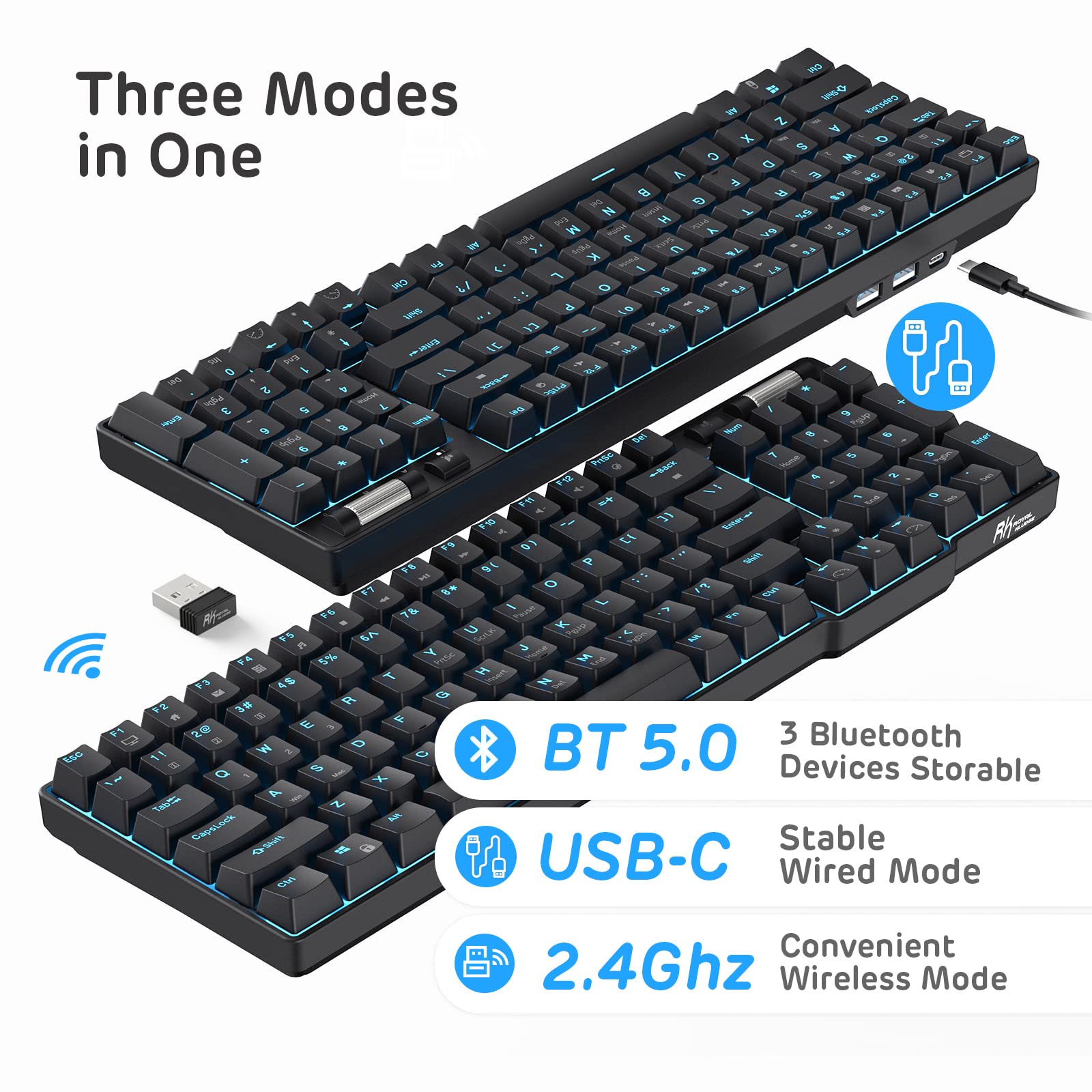 RK ROYAL KLUDGE RK96 90% Triple Mode BT5.0/2.4G/USB-C Hot Swappable Mechanical Keyboard with Magnetic Wrist Rest, 96 Keys Wireless Gaming Keyboard with Software, Blue Backlight