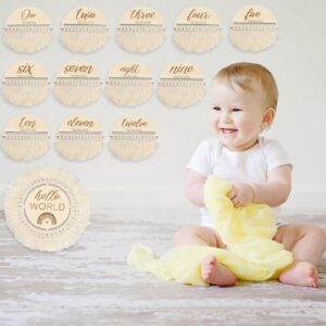 Whaline 13Pcs Baby Monthly Milestone Cards with Tassel Wooden Boho Baby Macrame Milestone Discs Newborn to 1 Year Hello World Baby Birth Announcement Sign for Baby Shower Photo Props