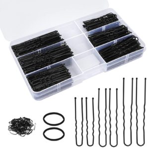 300pcs u-shaped hair pins set for women, kids & girls: 2.8in, 2.4in, 2in bobby bun pins with storage box, 2 thick seamless hair ties & 50 elastic hair bands for all hair types, black