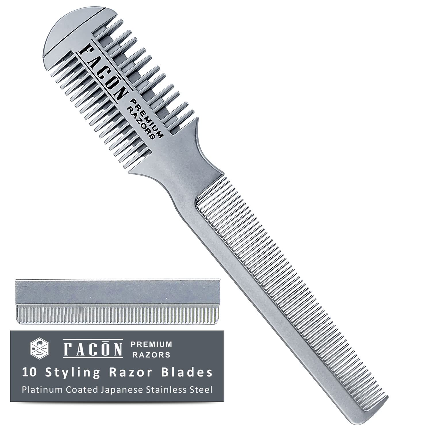 Facón Professional Hair Razor Comb Cutting Styling Thinning Texturizing Double Edge Shaper Razor + 10 Replacement Blades