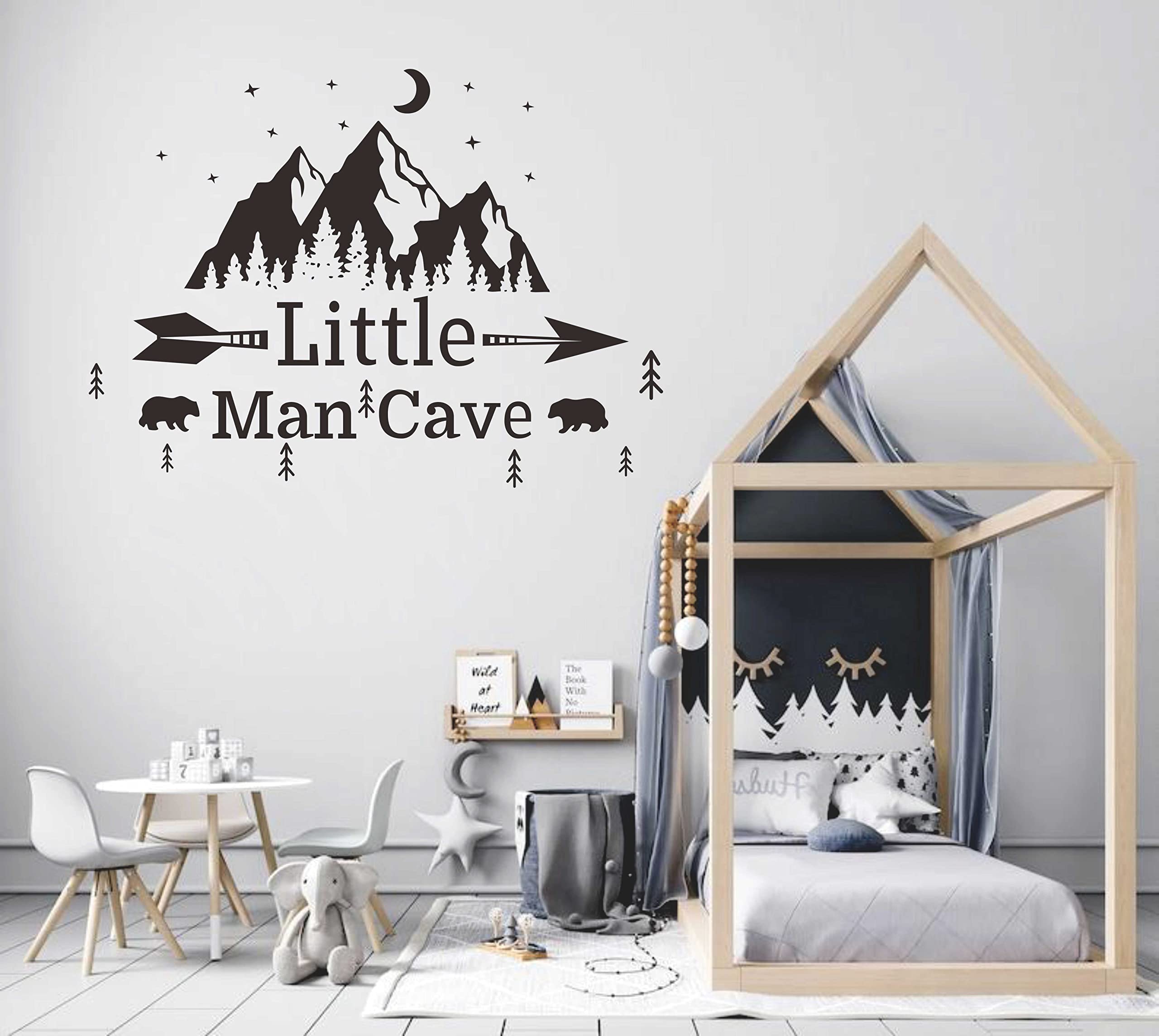 Little Man Cave Mountains Vinyl Decals, Landscape with Animals Stickers, Mountain Moon Stars Decal for Nursery Room,Kids Décor A9 (Black)