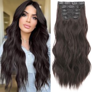 flvaco clip in hair extensions for women - 20 inch long wavy brown extensions, 6pcs dark brown hairpieces that blend naturally with your real hair (20 inch, dark brown)