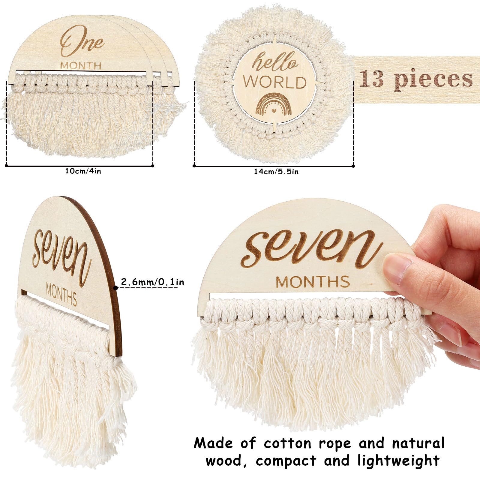 Whaline 13Pcs Baby Monthly Milestone Cards with Tassel Wooden Boho Baby Macrame Milestone Discs Newborn to 1 Year Hello World Baby Birth Announcement Sign for Baby Shower Photo Props