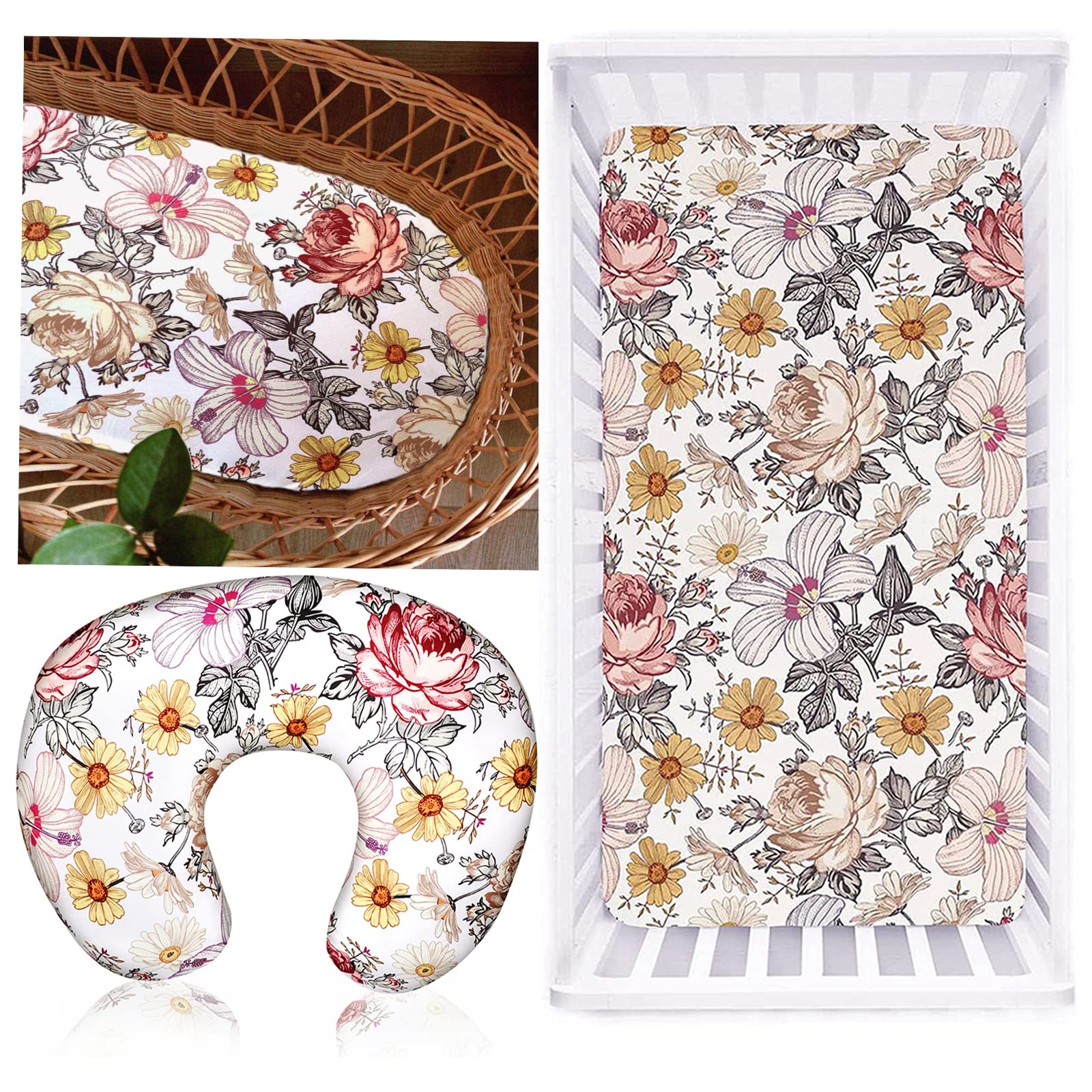 Boho Bassinet Sheet,Crib Sheet Jersey Cotton,Floral Nursing Pillow Cover, Breastfeeding Pillow Slipcover for Baby Girl