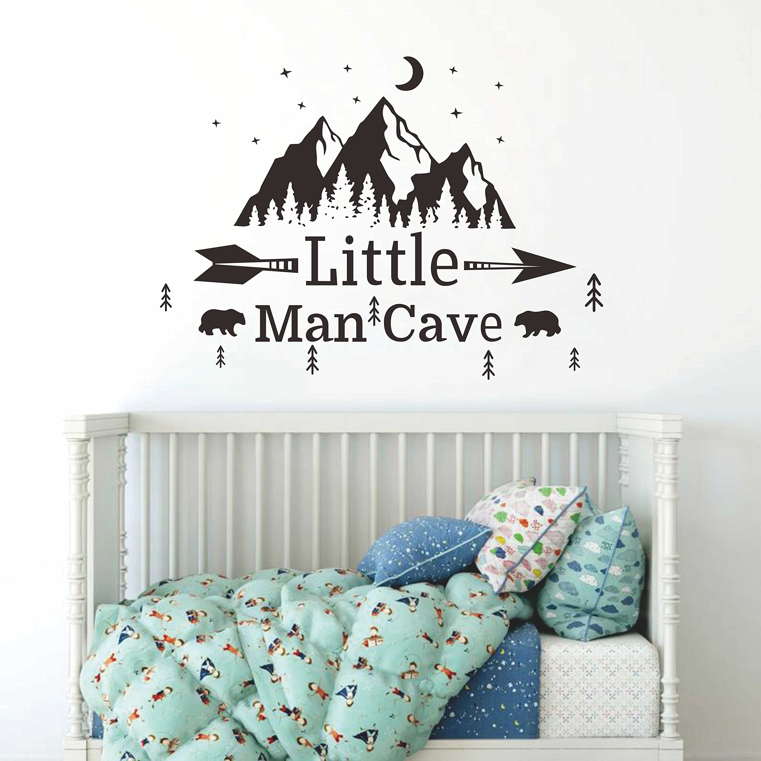 Little Man Cave Mountains Vinyl Decals, Landscape with Animals Stickers, Mountain Moon Stars Decal for Nursery Room,Kids Décor A9 (Black)