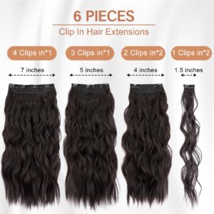 Flvaco Clip in Hair Extensions for Women - 20 Inch Long Wavy Brown Extensions, 6PCS Dark Brown Hairpieces that Blend Naturally with Your Real Hair (20 Inch, Dark Brown)