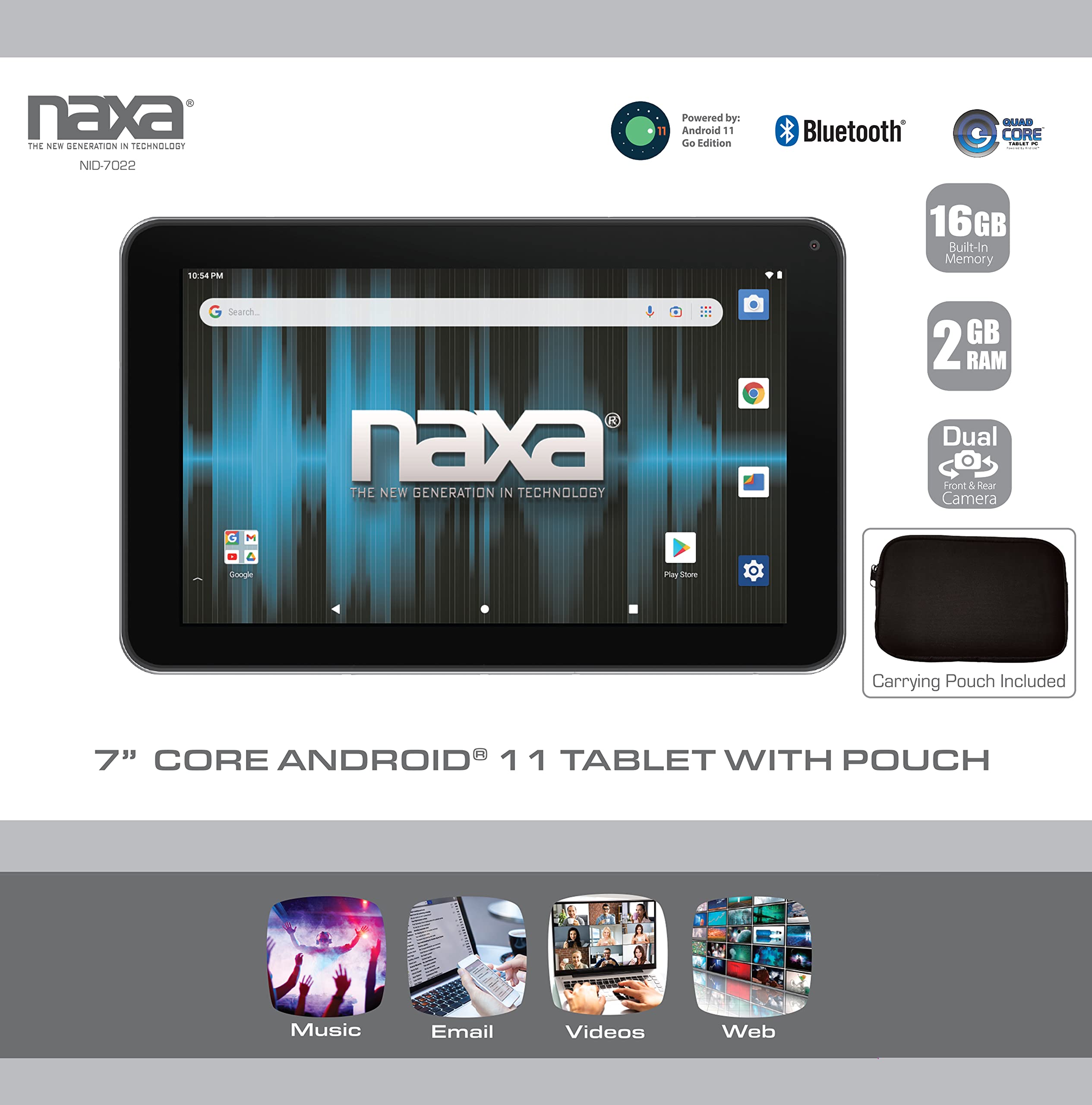 Naxa Electronics NID-7022 Android 11 Tablet with 7” HD TN Screen and Pouch 1.6 GHz Quad Core Processor, 2GB Ram, 16GB Storage, Front and Rear Cameras, Speaker and Microphone, Black