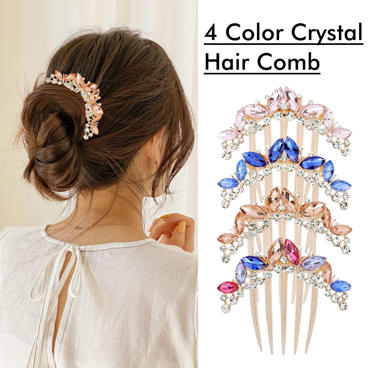 Lawie 4 Pack Luxury Jeweled Gems Crystal Rhinestone Sparkly Glitter Metal Side French Hair Combs With Long Teeth Slide Hairpins Barrettes Twist Bun Chignon Thick Hair Holder Accessories for Women Girl