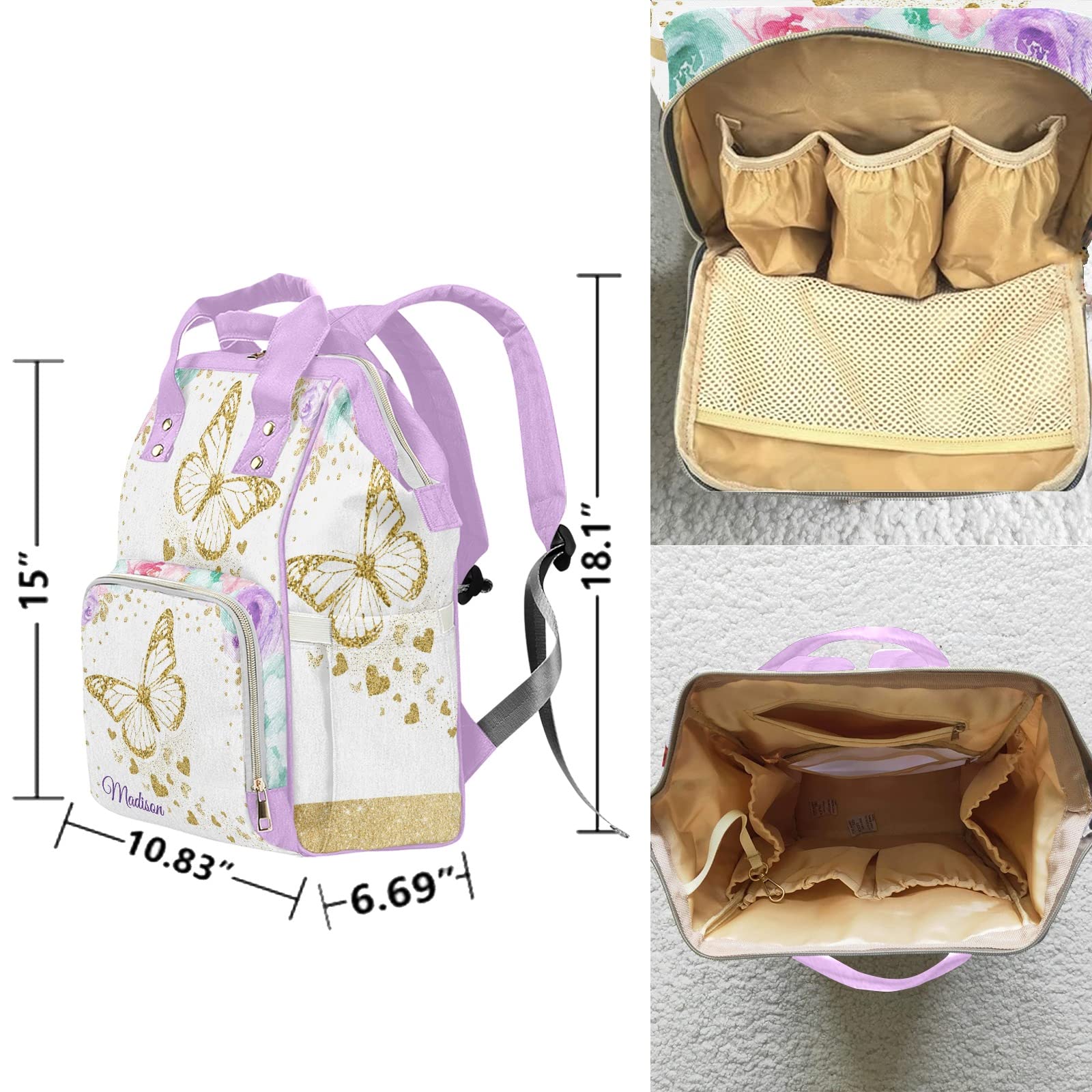 Gold Butterfly Pink Purple Rose Personalized Diaper Backpack with Name,Custom Travel DayPack for Nappy Mommy Nursing Baby Bag One Size