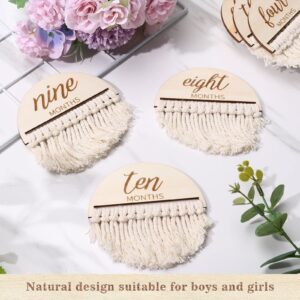 Whaline 13Pcs Baby Monthly Milestone Cards with Tassel Wooden Boho Baby Macrame Milestone Discs Newborn to 1 Year Hello World Baby Birth Announcement Sign for Baby Shower Photo Props