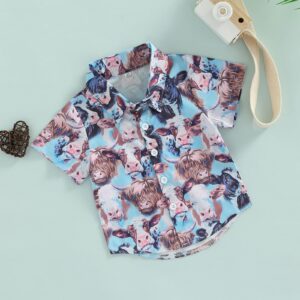 Toddler Kid Baby Boy Button Down Shirt Lapel Neck Short Sleeve Cow Printed T-Shirt Tops Casual Summer Tee 6M-5T (Blue Bull Head, 2-3T)