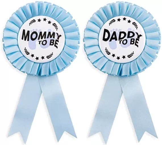 HAPPYLAND - Mom to Be & Daddy to Be Tinplate Badge Pin for Welcome Baby Boy or Girl, Baby Shower Button New Dad Gift Gender Reveals Party Baby Blue Rosette Button Baby Celebration Mom Gifts (New