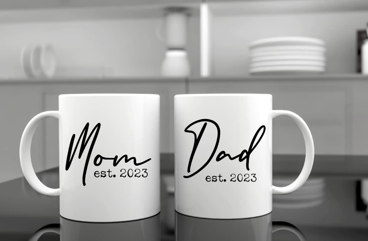 Pregnancy Gift Est 2023-New Parents Gifts-Mommy and Daddy Est 2023 11 oz Mug Set -"And So The Adventure Begins" Romper (0-3M)-Top Mom and Dad Gift Set for New Parents to Be-Gender Reveal