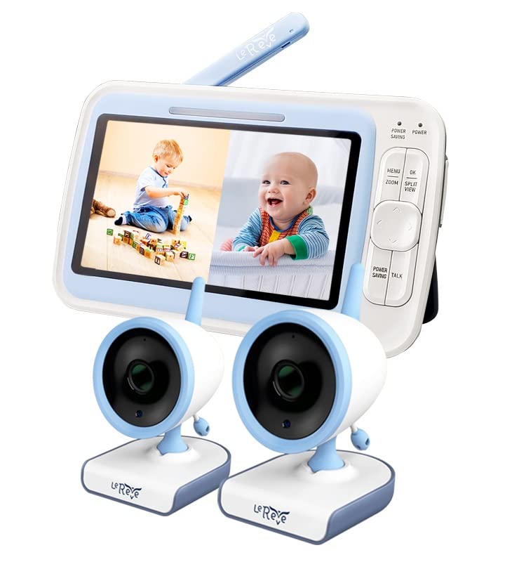 LEREVE Low EMF 5" HD Video Baby Monitor with 2 Cameras and Audio, Auto Noise Reduce, No WiFi, Long Range, 2-Way Audio, Lullaby, Ideal Gifts