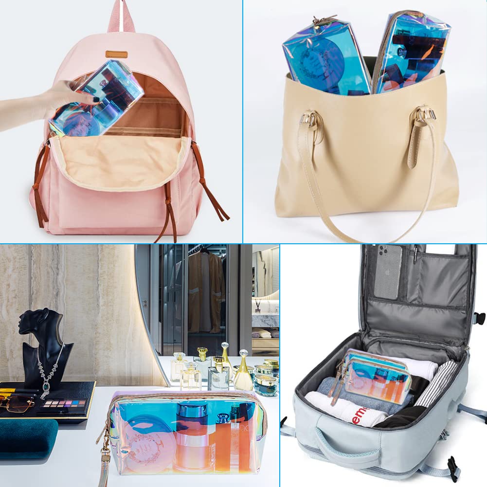 HRX Package Clear Iridescent Holographic Makeup Bag, 2pcs Travel Cosmetic Pouches with Zipper Toiletry Organizer Case for Purse Diaper Bag Beach Bag