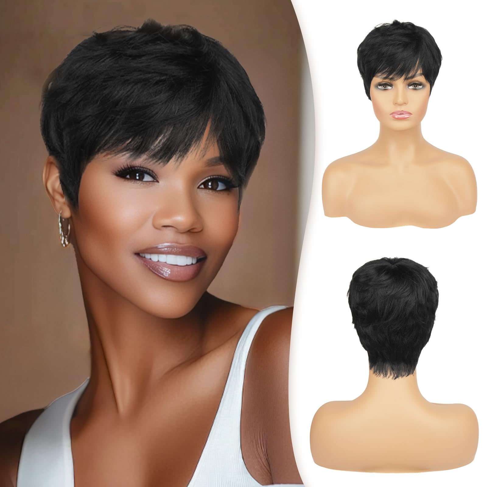 RUWISS Pixie Cut Wig Human Hair Wigs Human Hair Wig with Bangs Natural Short Black Wig Layered Wavy Different Style Short Wigs for Black Women (1B#)