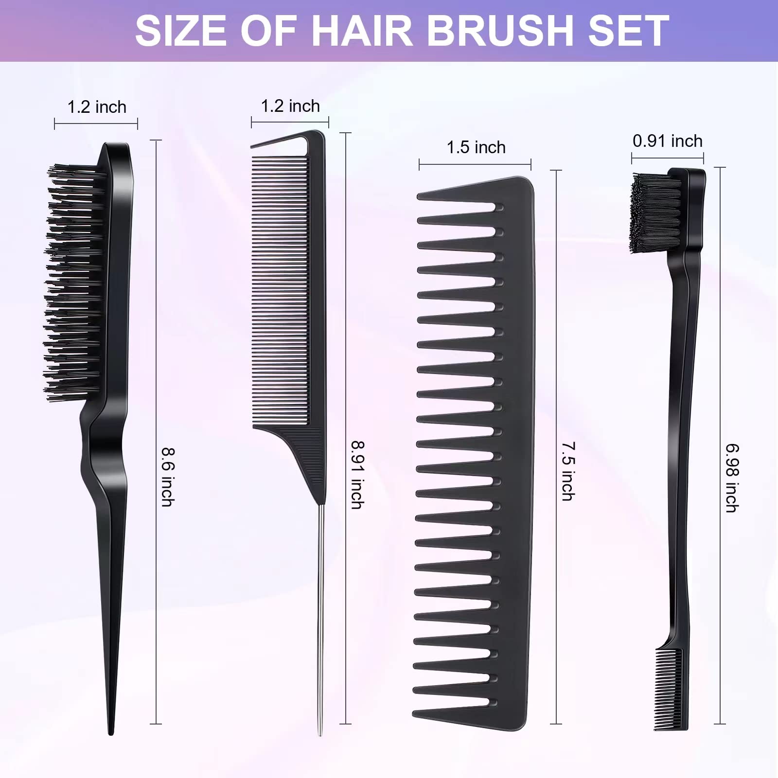 4Pcs Anmieciu Hair Styling Set for All: Bristle Edge Brush, Teasing Comb, Rat Tail Comb, Wide Tooth Comb for Combing, Smoothing and Styling Hair (Black)