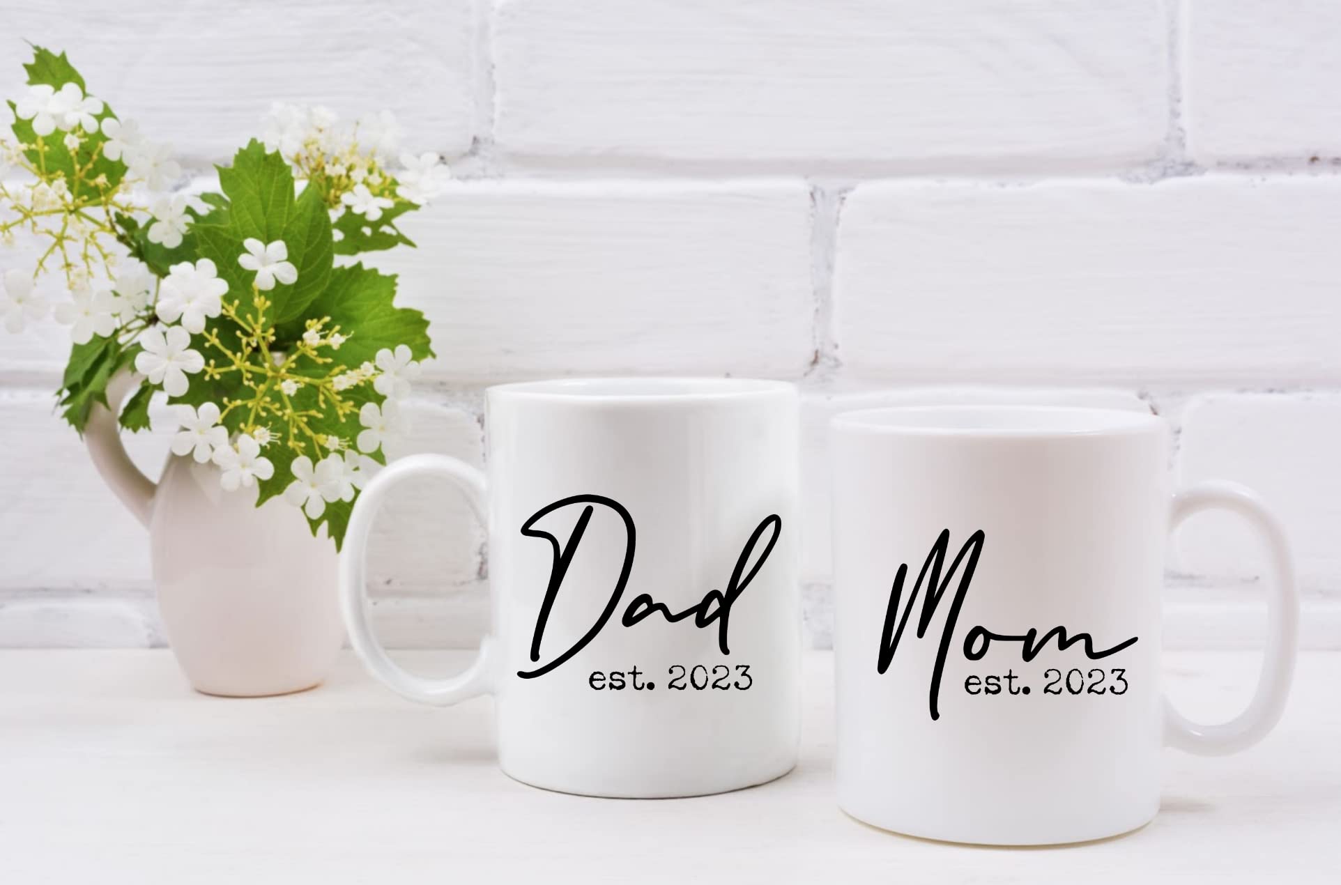 Tipit Drinkware Pregnancy Gift Est 2023 - New Parents Gifts Mommy and Daddy Est. 2023 11 Coffee Mug Gift Set,New to The Crew Romper (3M) - Top Mom and Dad Gift Set for New Parents to Be - Baby Shower