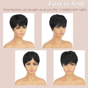 RUWISS Pixie Cut Wig Human Hair Wigs Human Hair Wig with Bangs Natural Short Black Wig Layered Wavy Different Style Short Wigs for Black Women (1B#)