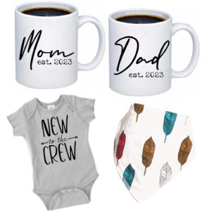 tipit drinkware pregnancy gift est 2023 - new parents gifts mommy and daddy est. 2023 11 coffee mug gift set,new to the crew romper (3m) - top mom and dad gift set for new parents to be - baby shower