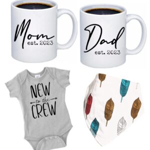 Tipit Drinkware Pregnancy Gift Est 2023 - New Parents Gifts Mommy and Daddy Est. 2023 11 Coffee Mug Gift Set,New to The Crew Romper (3M) - Top Mom and Dad Gift Set for New Parents to Be - Baby Shower