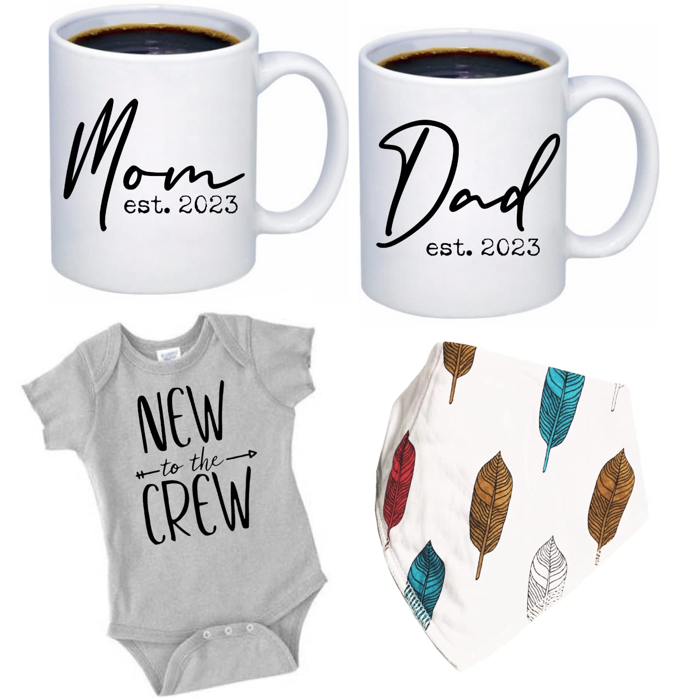 Tipit Drinkware Pregnancy Gift Est 2023 - New Parents Gifts Mommy and Daddy Est. 2023 11 Coffee Mug Gift Set,New to The Crew Romper (3M) - Top Mom and Dad Gift Set for New Parents to Be - Baby Shower