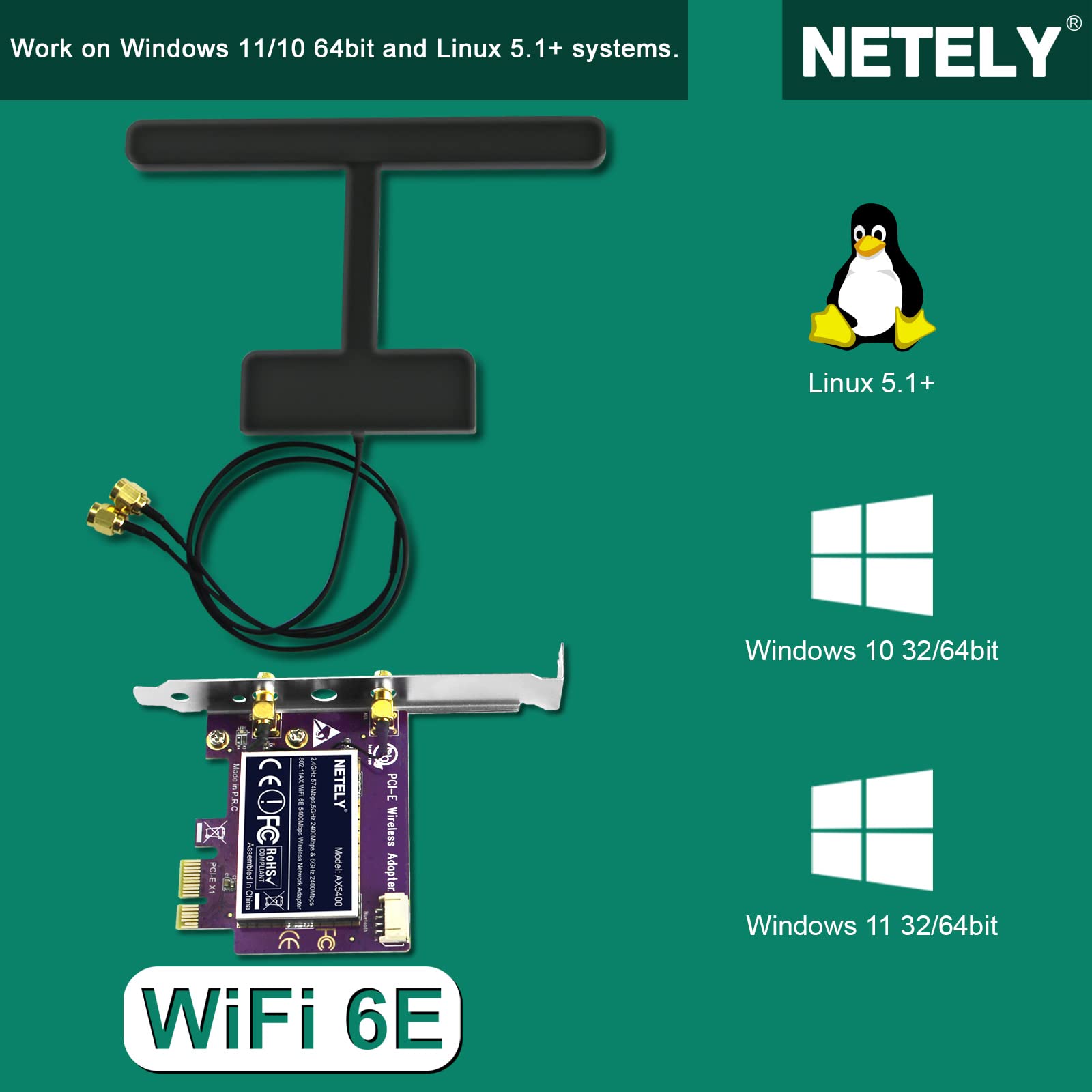 NETELY 802.11AX WiFi 6E 5400Mbps PCIE WiFi Adapter with Bluetooth 5.2 for Windows 10/11 64bit Desktop PCs, 2.4GHz 574Mbps, 5GHz 2400Mbps, and 6GHz 2400Mbps, Intel WiFi 6E AX210 PCIE WiFi Card (AX5400)