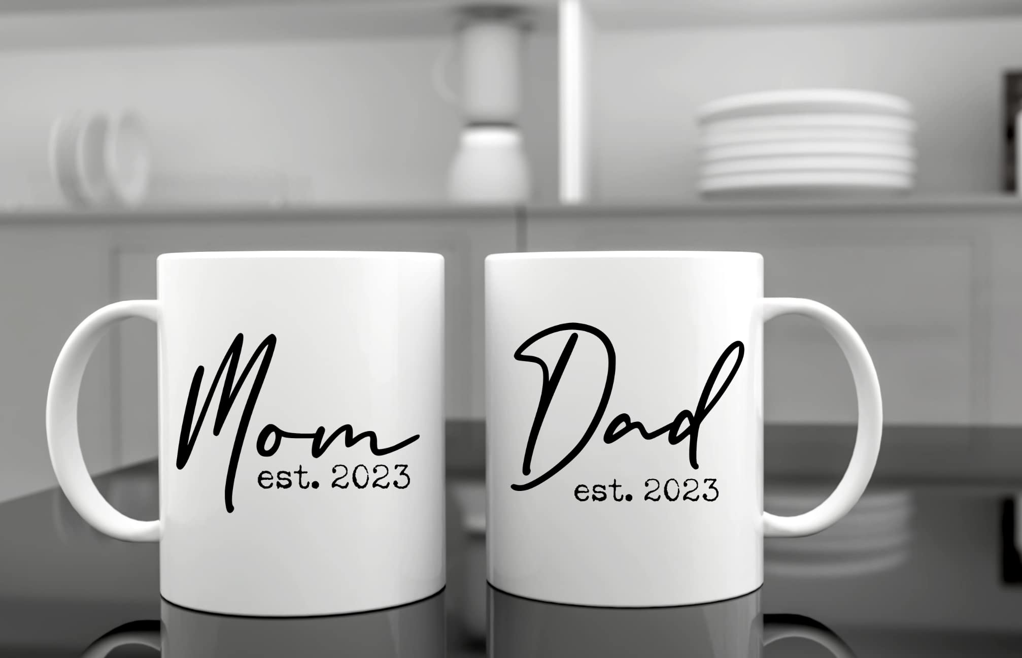 Tipit Drinkware Pregnancy Gift Est 2023 - New Parents Gifts Mommy and Daddy Est. 2023 11 Coffee Mug Gift Set,New to The Crew Romper (3M) - Top Mom and Dad Gift Set for New Parents to Be - Baby Shower