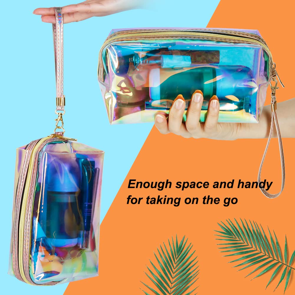 HRX Package Clear Iridescent Holographic Makeup Bag, 2pcs Travel Cosmetic Pouches with Zipper Toiletry Organizer Case for Purse Diaper Bag Beach Bag