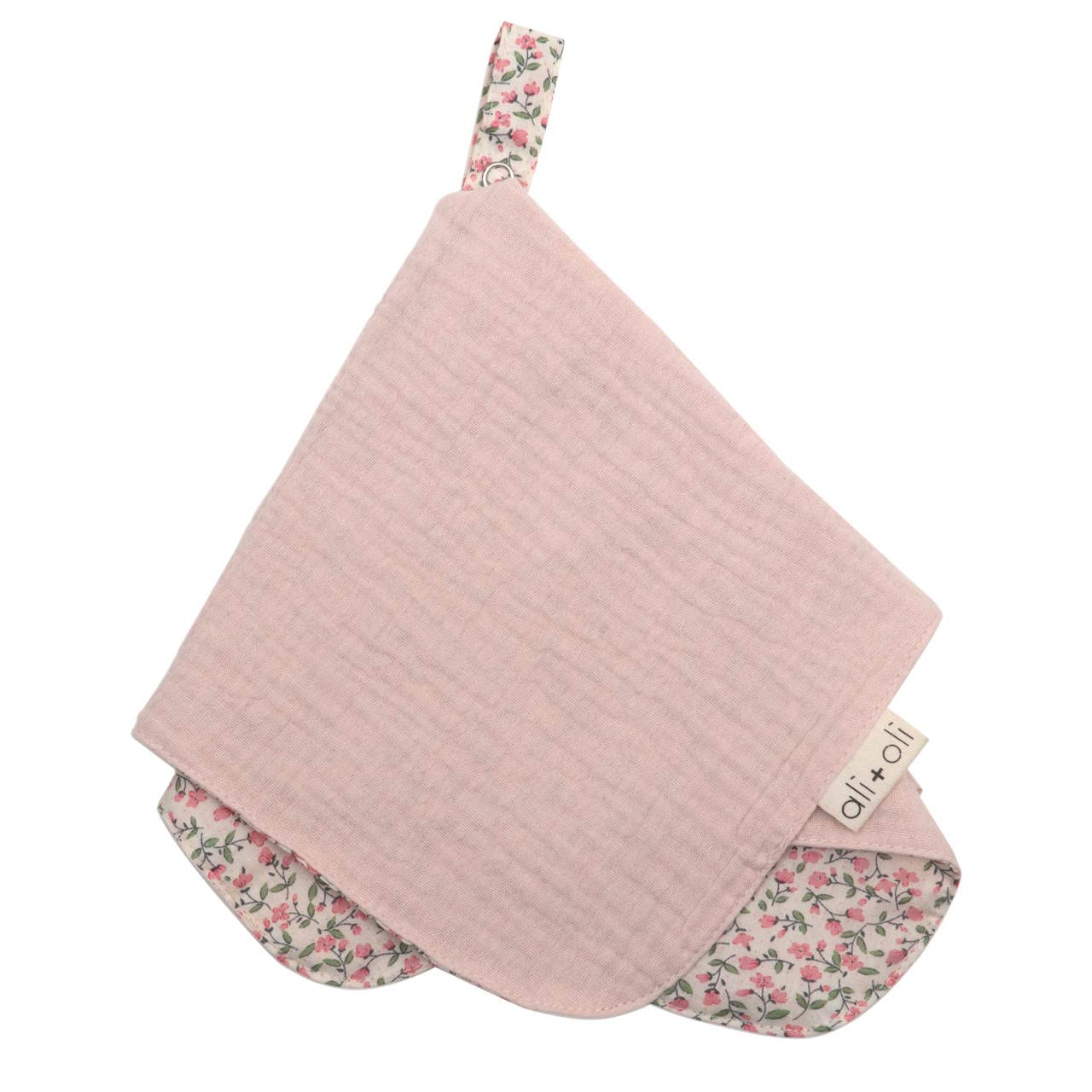 Ali+Oli Security Blanket for Baby (Pink Flowers) Pacifier Blanket Holder Made with Soft Muslin Cotton, Cuddle Blanket with Lead-Free Button Snap Closure, Pacifier Holder, Baby Blankets (15"x15")