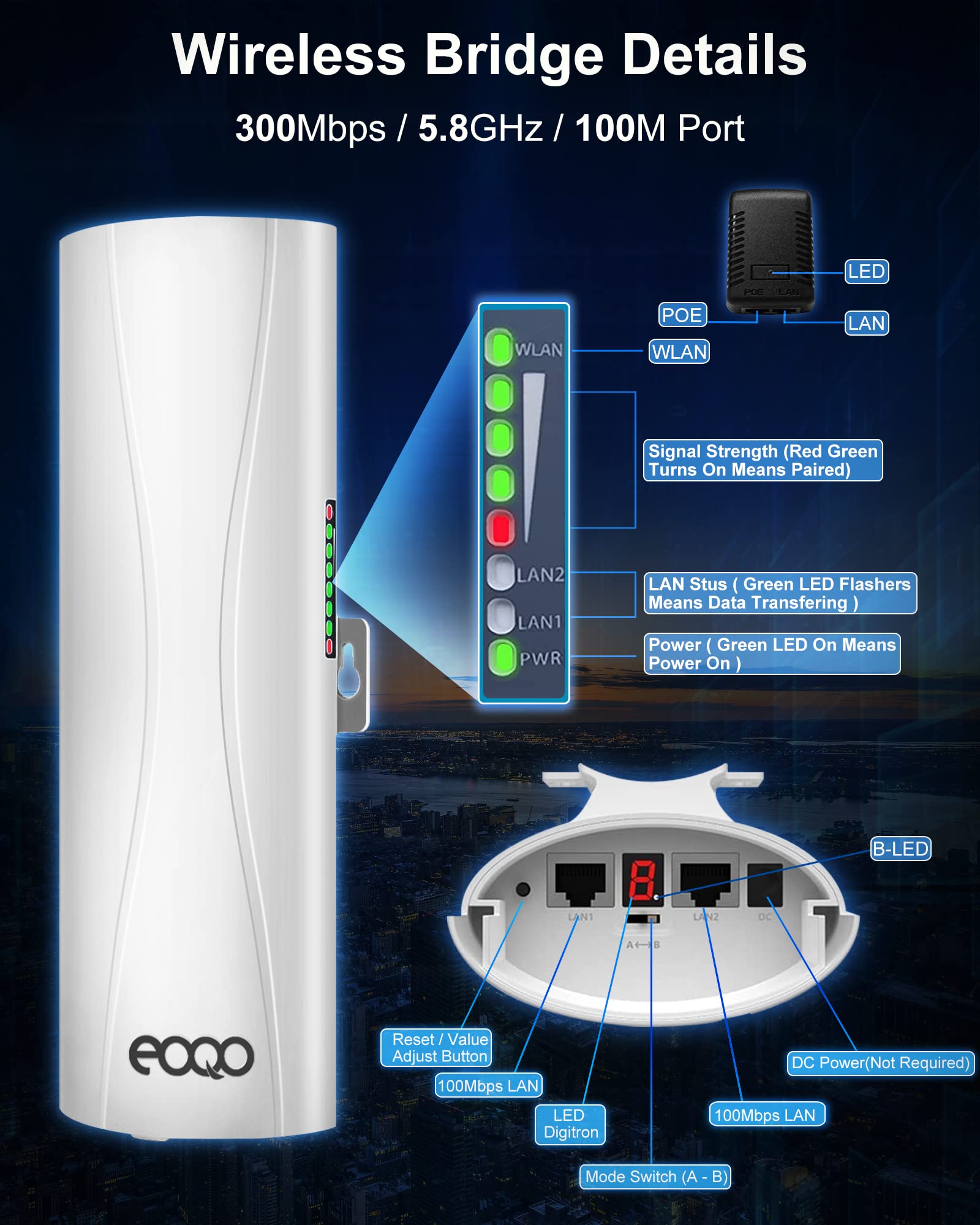 Point to Point Wireless Bridge Outdoor,5.8G 100Mbps WiFi Bridges with 14dBi Antenna 3KM Starlink WiFi Extender with Ethernet Port for Starlink and Home Internet Network Extension 2-Pack