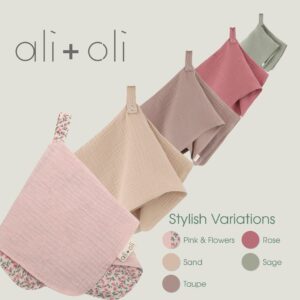 Ali+Oli Security Blanket for Baby (Pink Flowers) Pacifier Blanket Holder Made with Soft Muslin Cotton, Cuddle Blanket with Lead-Free Button Snap Closure, Pacifier Holder, Baby Blankets (15"x15")