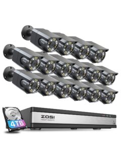 zosi 4k 16ch poe security camera system, 16 x 8mp poe ip camera outdoor indoor with starlight color night vision, human detection, light alarm, 4k 16ch h.265+ nvr with 4tb hdd for 24/7 audio recording