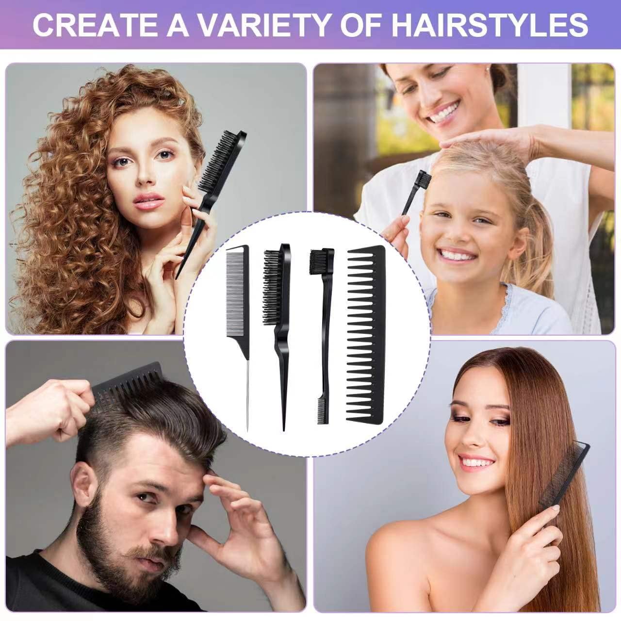 4Pcs Anmieciu Hair Styling Set for All: Bristle Edge Brush, Teasing Comb, Rat Tail Comb, Wide Tooth Comb for Combing, Smoothing and Styling Hair (Black)