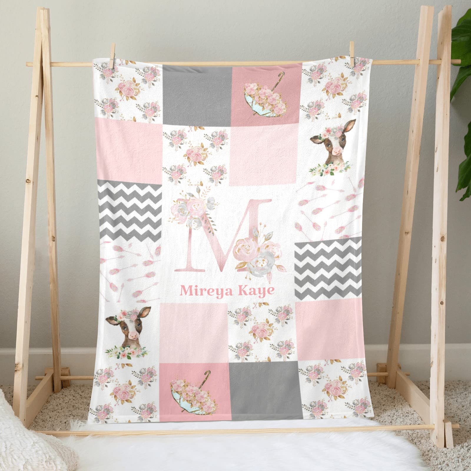 Personalized Baby Blanket - Soft Pink Flower Farm Cow Monogram Custom Blanket - Baby Shower Toddler Nursery Bed Swaddle Blankets Stroller Crib 30x40 in