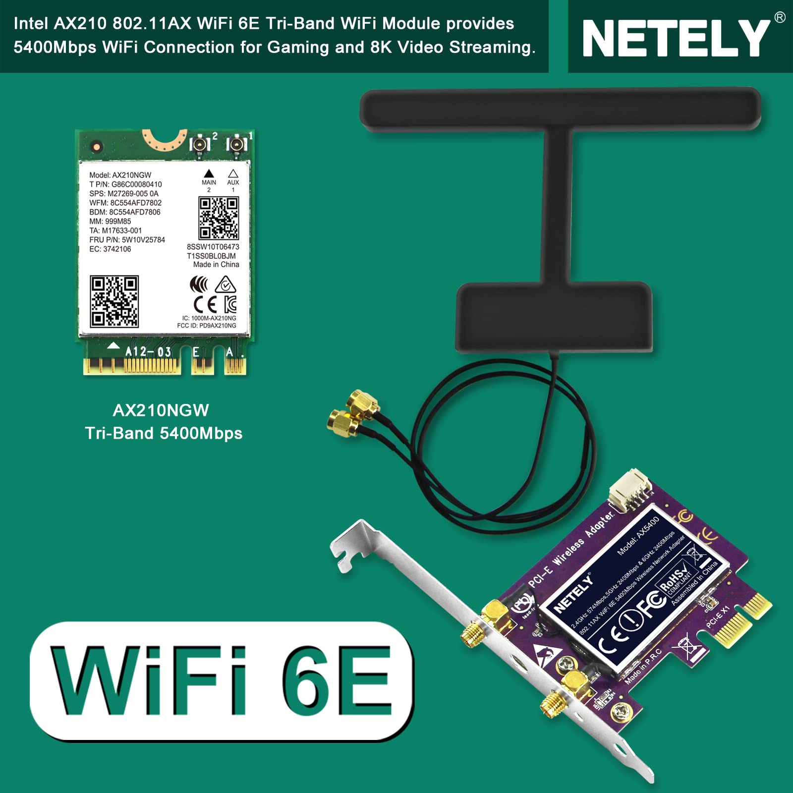 NETELY 802.11AX WiFi 6E 5400Mbps PCIE WiFi Adapter with Bluetooth 5.2 for Windows 10/11 64bit Desktop PCs, 2.4GHz 574Mbps, 5GHz 2400Mbps, and 6GHz 2400Mbps, Intel WiFi 6E AX210 PCIE WiFi Card (AX5400)