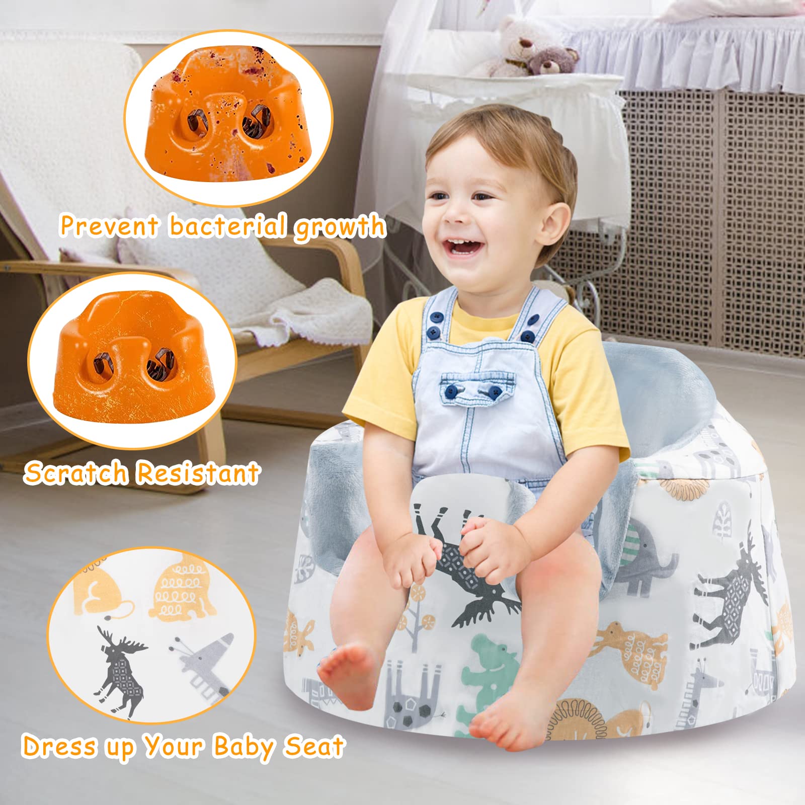 SMTTW Seat Cover Compatible with Bumbo Seat, Summer Cooling Breathable Seat Cover for Baby Boy Girl(Grey Animals)